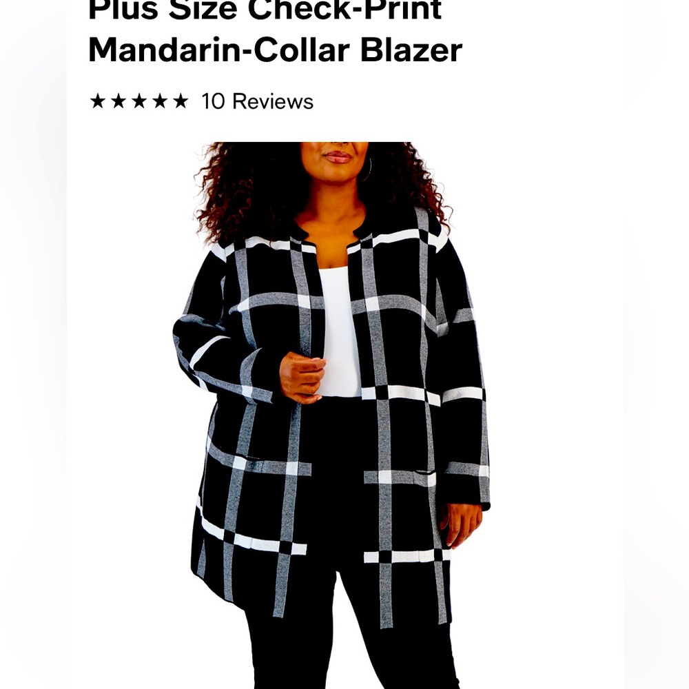 Plus Size Check-Print Mandarin-Collar Blazer